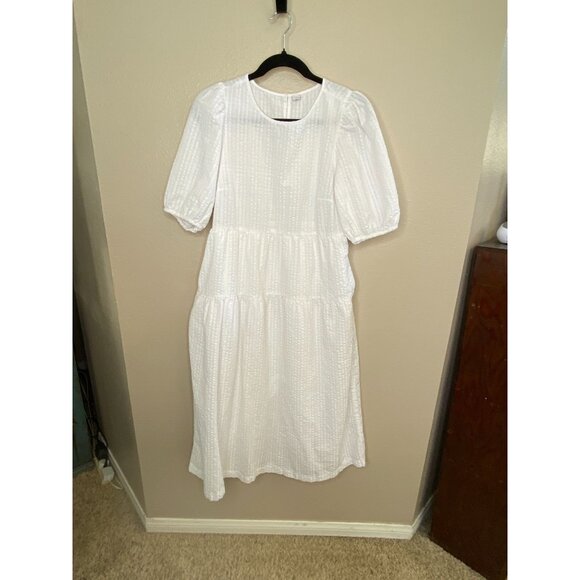 Old Navy Women’s White Textured Midi Dress Puff Sleeves Lightweight Cotton M - Picture 1 of 7